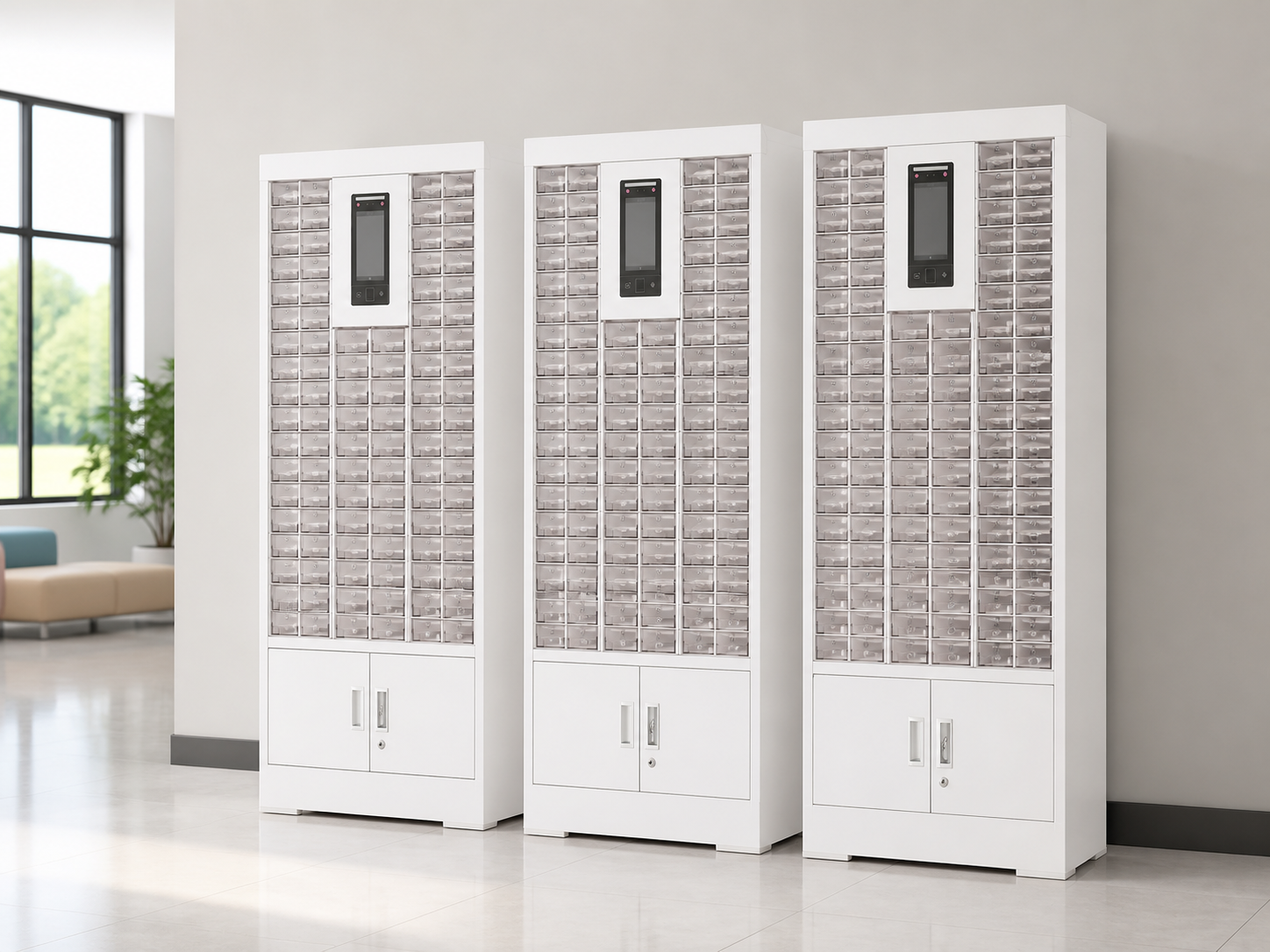 White CellPhoneCabinet floor models with transparent drawer fronts