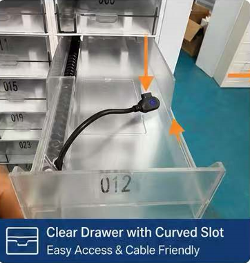 Transparent drawer with curved pull slot and cable-friendly built-in charging connector